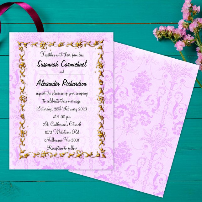 Convites Quadro Dourado e Casamento tema damasco Roxo (Criador carregado)