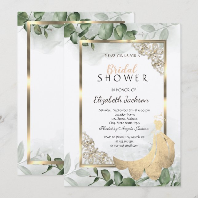 Convites Quadro Dourado Elegante,Chá de panela de Vestido E (Frente/Verso)