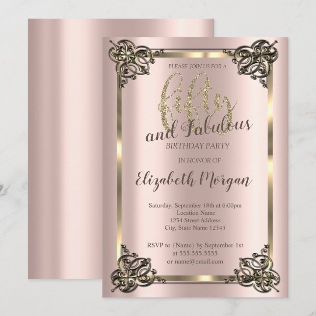Convites Quadro Dourado Elegante, Festa de aniversário Dour (Frente/Verso)