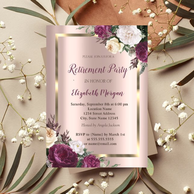 Convites Quadro Dourado Elegante, Retirada de Borgonha Dour (Criador carregado)