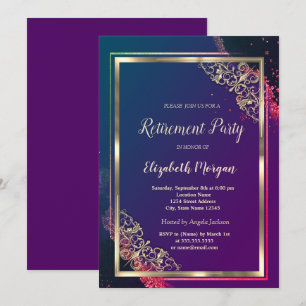 Convites Quadro Dourado Festivo Violeta Aposentadoria