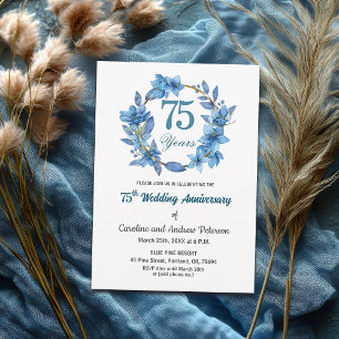 Convites Quadro Dourado Floral Azul 75º Aniversário de Cas