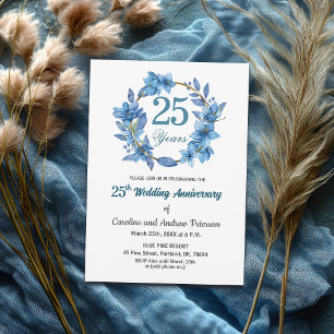 Convites Quadro Dourado Floral Azul Aniversário de 25 Anos