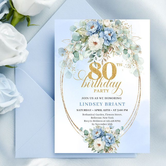 Convites Quadro Dourado Floral Azul Boêmio Clássico 80 Aniv (Classic Bohemian Blue Floral Gold Frame 80th Birthday Invite)