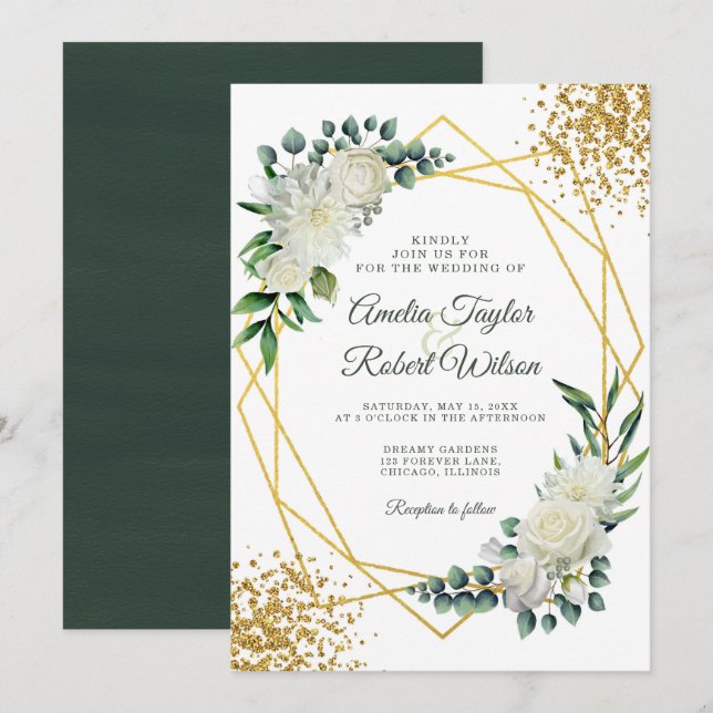 Convites Quadro Dourado Floral Branco Confetti (Frente/Verso)