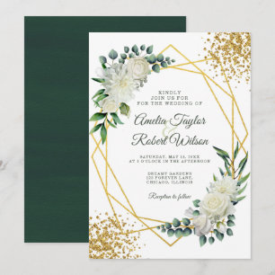 Convites Quadro Dourado Floral Branco Confetti