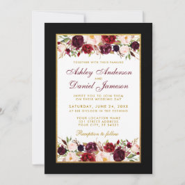 Convites Quadro Dourado Floral Elegante Preto de Casamento 