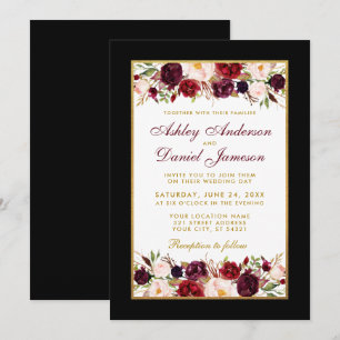 Convites Quadro Dourado Floral Elegante Preto de Casamento