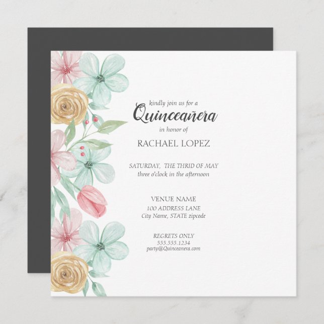Convites Quadro | Dourado floral Pastel elegante (Frente/Verso)