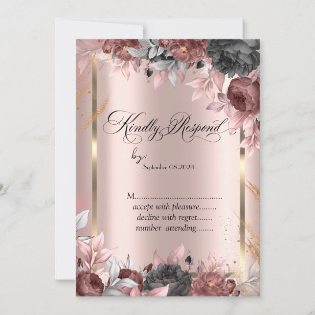 Convites Quadro Dourado,Flores Chic em Rosa Dourado RSVP  (Frente)