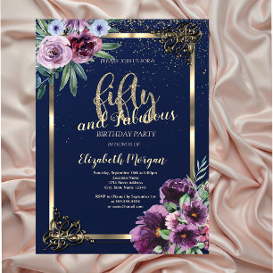 Convites Quadro Dourado Flores Violeta Azul 50º Aniversário