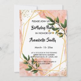 Convites Quadro Dourado moderno Ivory Green Aniversário Flo