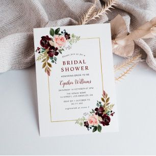 Convites quadro dourado rosa borgonha floral chá de noiva