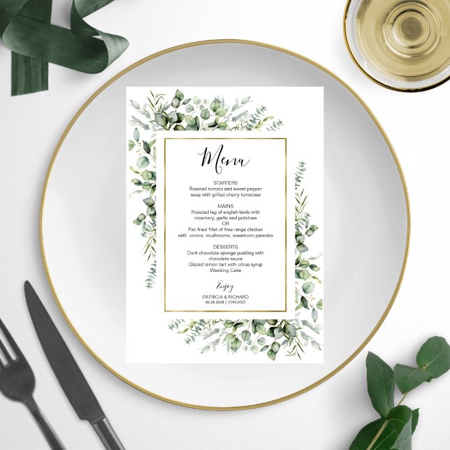 Convites Quadro Dourado Verde Eucalyptus Wedding Menu Invit (Criador carregado)