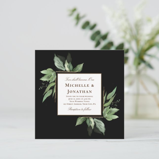 Convites Quadro Dourado Verde sobre Casamento Cristão Negro (Em pé/Frente)