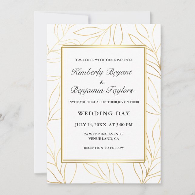 Convites Quadro elegante. Dourada Folhagem de Ar. Chic Wedd (Frente)