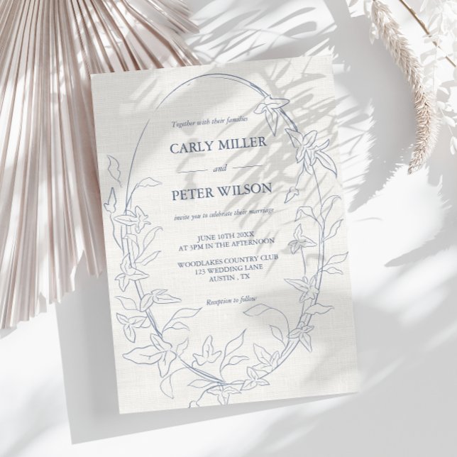 Convites Quadro Floral Azul Elegante | Linen Wedding (Criador carregado)