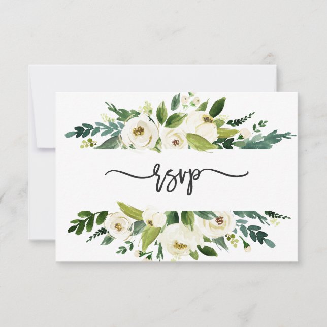 Convites Quadro Floral Branco Aquarela Casamento RSVP (Frente)