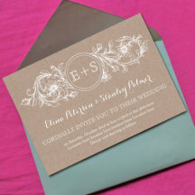 Quadro floral branco, iniciais papel kraft casamen