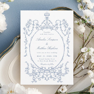 Convites Quadro Floral Clássico Casamento Azul Empoeirado