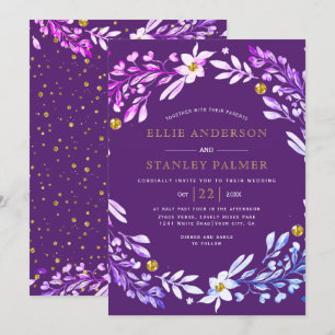 Convites Quadro floral com casamento roxo de confete dourad