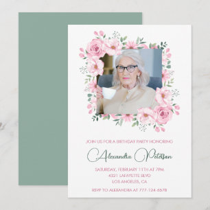 Convites Quadro floral de foto rosa verde para 97º aniversá