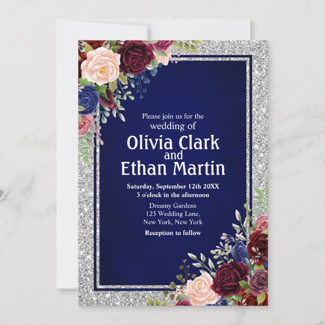 Convites Quadro Floral de Prata do Marinho Borgonha (Frente)