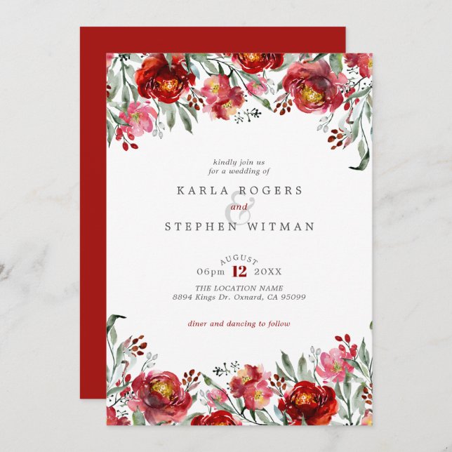 Convites Quadro Floral do Jardim Vermelho Profundo (Frente/Verso)