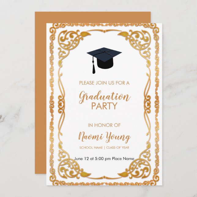 Convites Quadro Floral Dourado rosa (Frente/Verso)