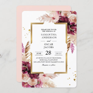 Convites Quadro Floral e Dourado Cor-de-Rosa Brilhante Mode