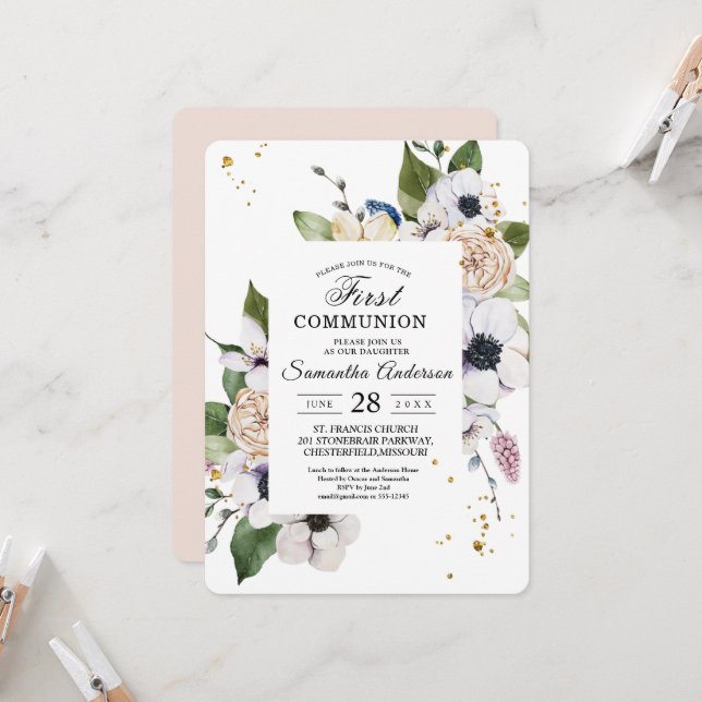 Convites Quadro Floral Elegante Moderno e Quedas Douradas (Frente/Verso In Situ)