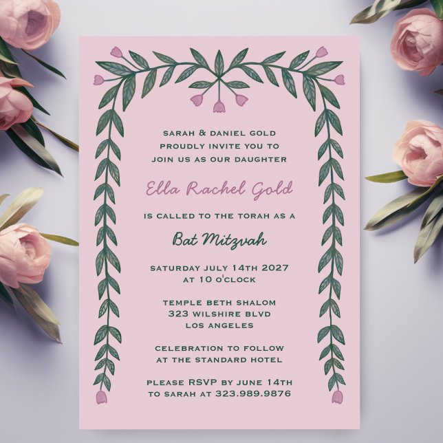 Convites Quadro Floral Moderno Bar Personalizado Bat Mitzva (Floral Frame Modern Custom Bar Bat Mitzvah Girl Invitation
)
