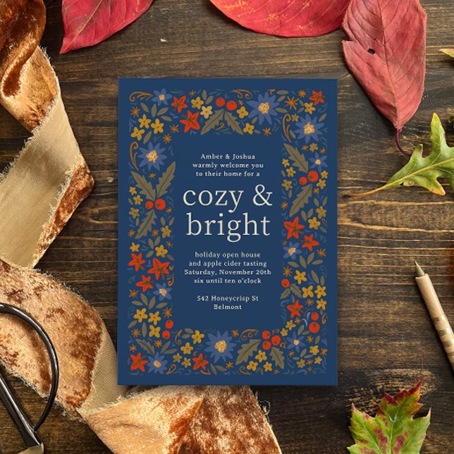 Convites Quadro Floral Outonal Rústico de Outono Festa (blue, moss green, golden yellow and red-orange folk floral frame autumn fall party invitation)