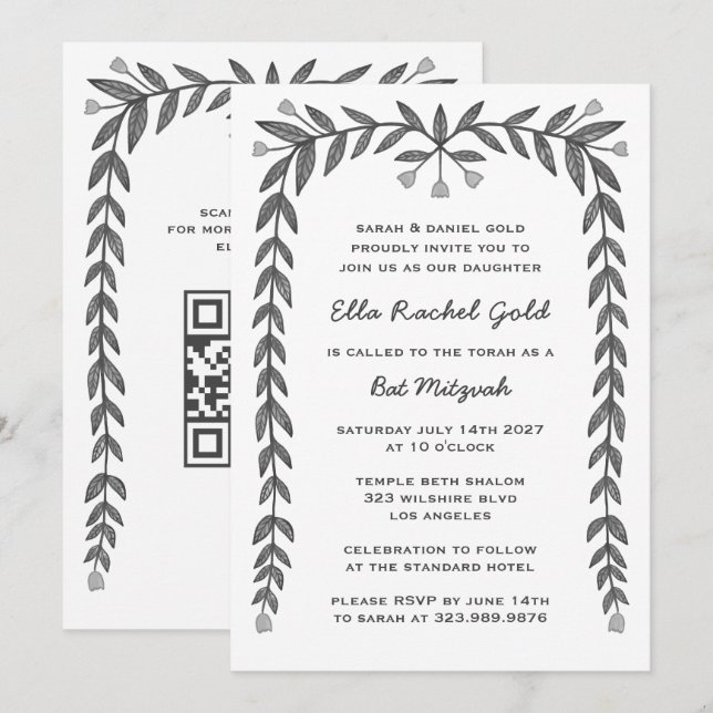 Convites Quadro Floral Personalizado Código QR Moderno BarB (Frente/Verso)