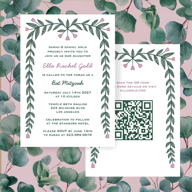 Convites Quadro Floral Personalizado QR Code Bat Mitzvah Gi (Floral Frame Custom QR Code Bat Mitzvah Girl Invitation
)