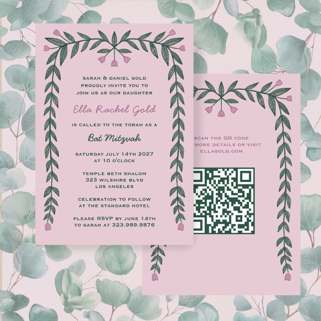 Convites Quadro Floral Personalizado QR Code Bat Mitzvah Gi (Floral Frame Custom QR Code Bat Mitzvah Girl Invitation
)