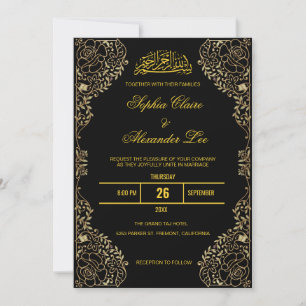 Convites Quadro Floral Preto e Dourado Casamento Islâmico M