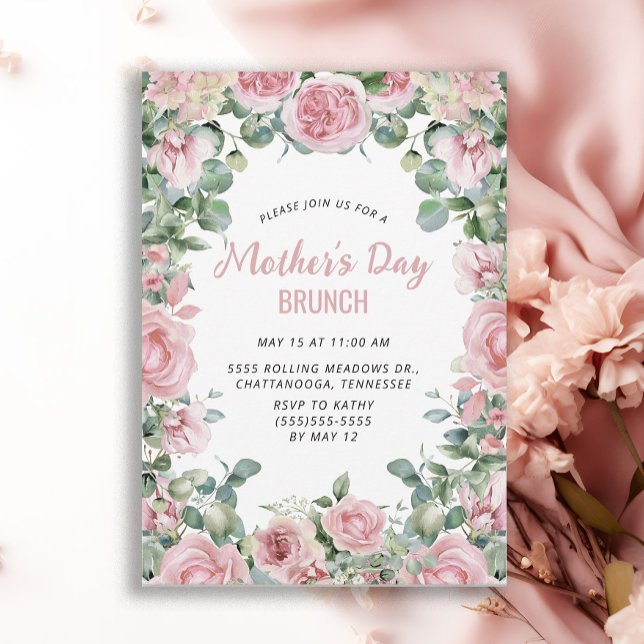 Convites Quadro Floral Rosa Brunch do Dia das Mães (Elegant pink roses Mother's Day Brunch invitation)