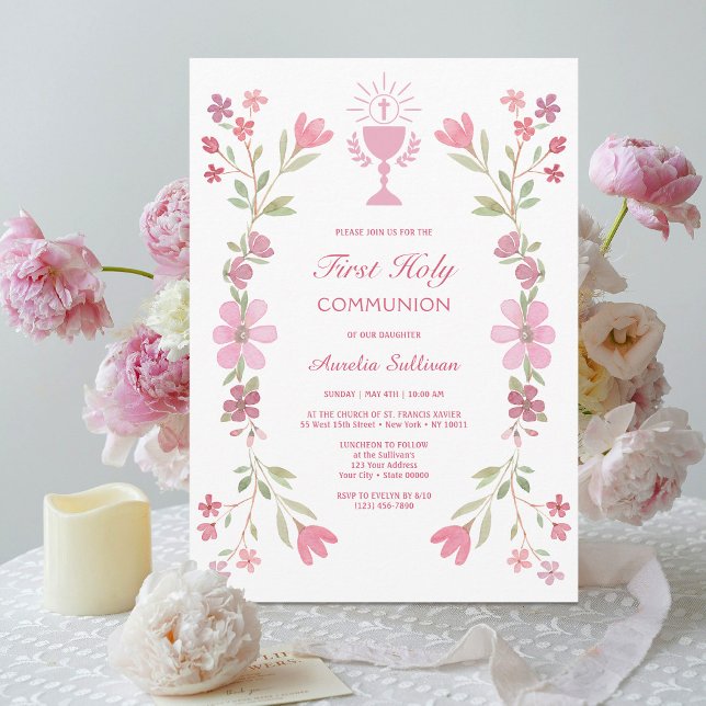 Convites Quadro Floral Rosa Primeira Comunhão Sagrada (Criador carregado)