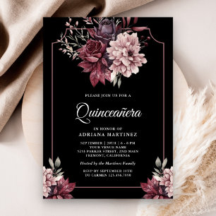 Convites Quadro Floral Sombrio para Quinze Anos Preto