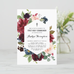 Convites Quadro Floral Vermelho e Azul Primeira Comunhão S