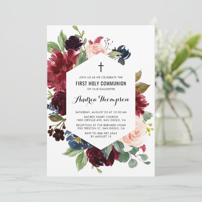 Convites Quadro Floral Vermelho e Azul Primeira Comunhão Sa (Em pé/Frente)