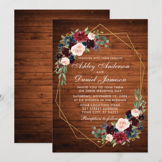 Convites Quadro Geométrico Dourado da Madeira Floral Rústic (Frente/Verso)