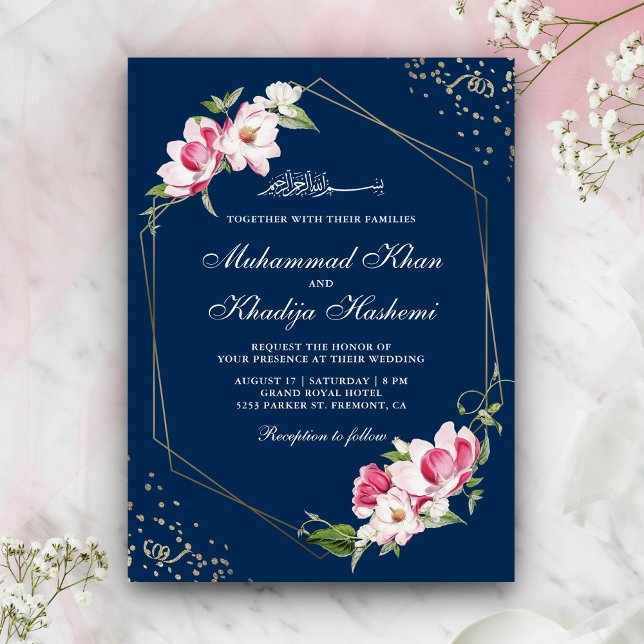 Convites Quadro Geométrico Floral Azul Marinho Casamento Is (Criador carregado)