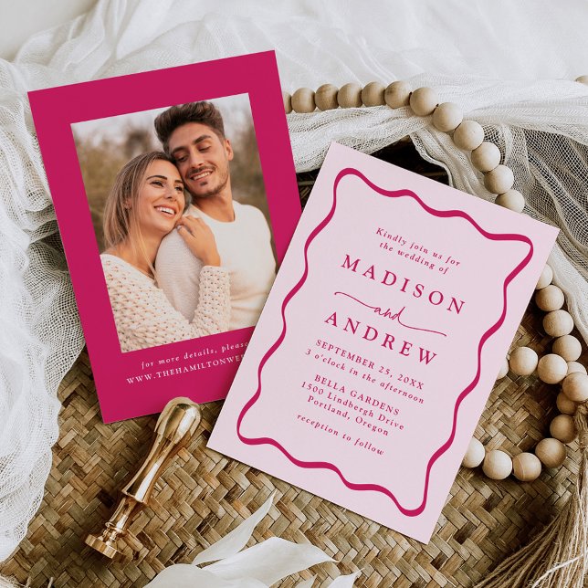 Convites Quadro Moderno Cor-de-Rosa Ondulado Foto Casamento (Criador carregado)