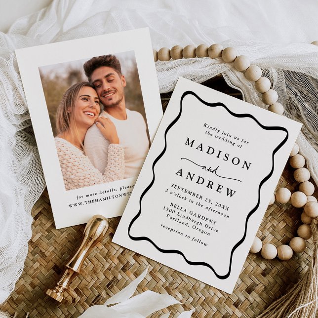 Convites Quadro Moderno Preto Ondulado Foto Casamento (Criador carregado)