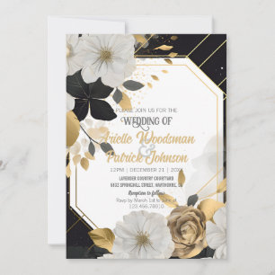 Convites Quadro Negro Dourado de Casamento Floral Branco El