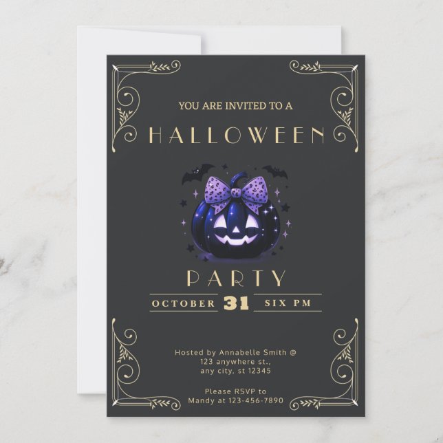 Convites Quadro negro e Dourado Jack-O' Lanterna Halloween (Frente)