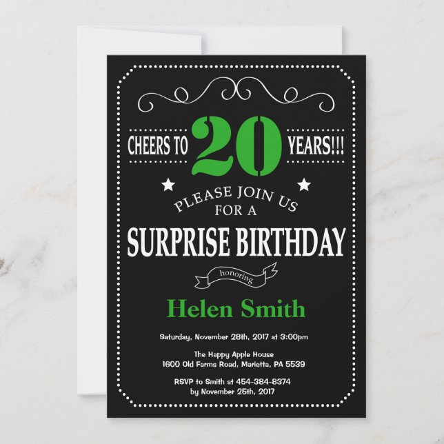 Convites Quadro negro e verde de 20 de aniversário (Frente)
