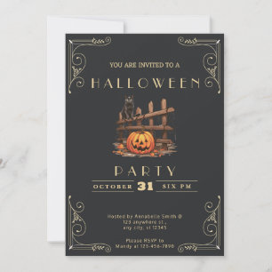 Convites Quadro Negro Preto e Dourado Gato Preto Halloween